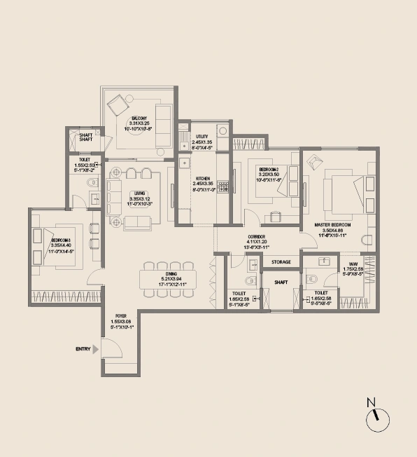 Assetz Trees & Tandem 3 BHK Type 2 floor plan — 1885 sqft SBUA